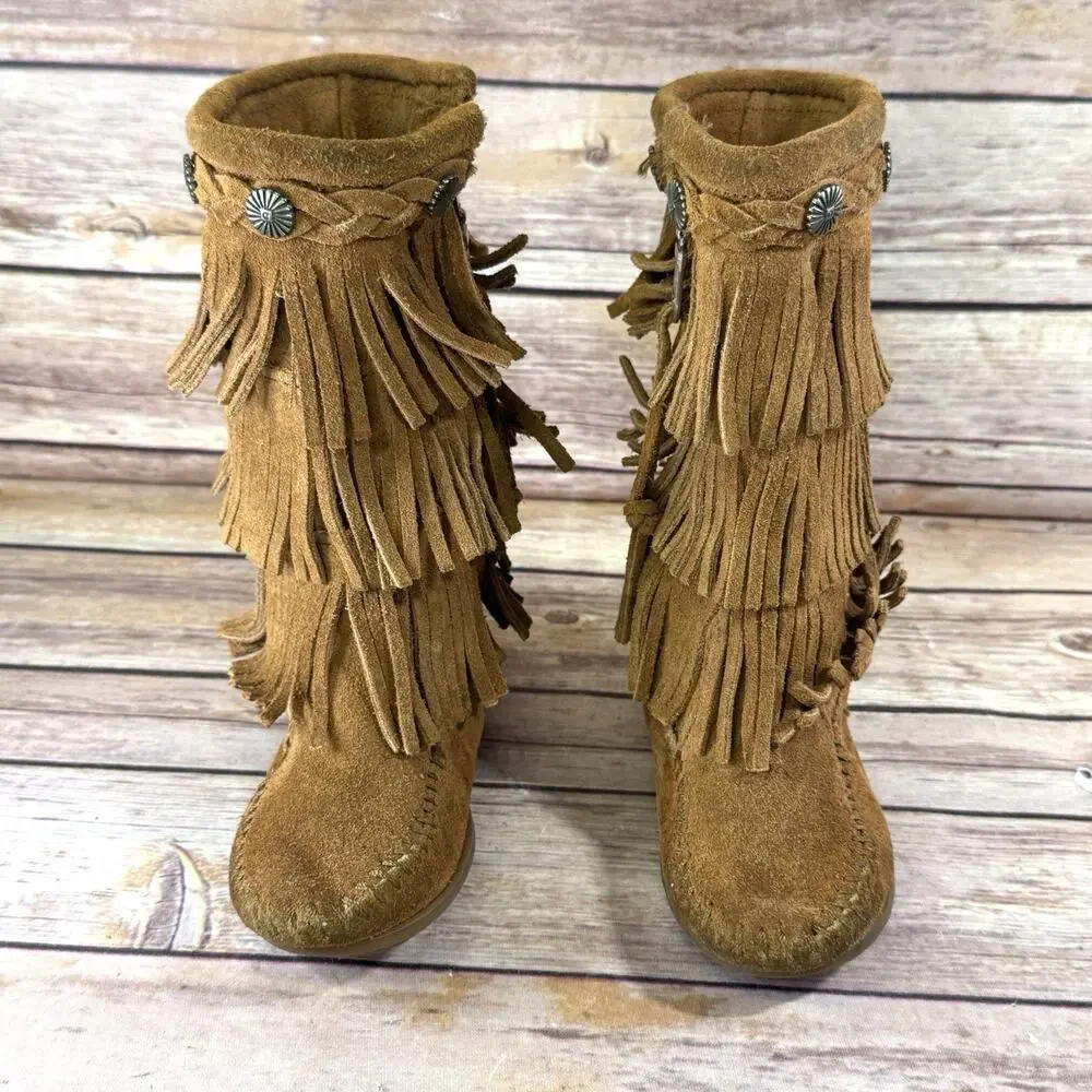 Minnetonka Toddler Girls Brown Suede Fringed Moccasin Boots 8